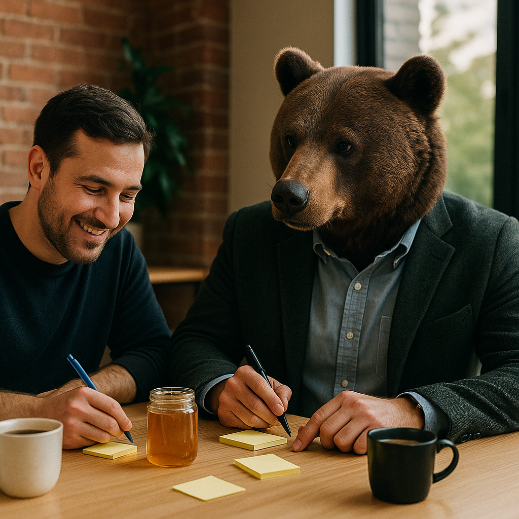 Kumako et un client autour d’une table, stylos et post-it en main