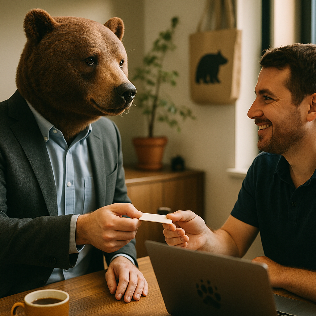 Kumako tend une carte de visite à un client dans une ambiance détendue