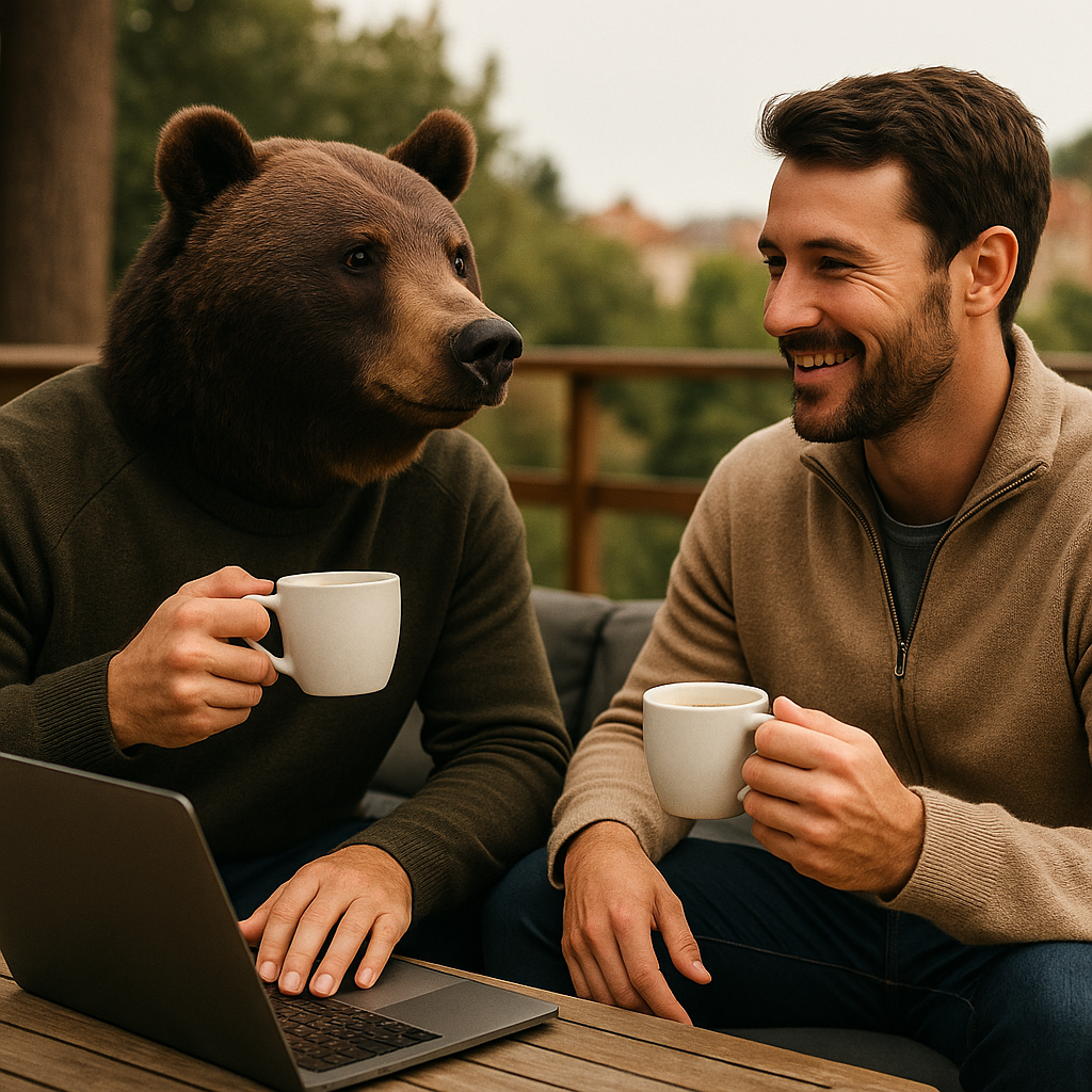 Kumako et un client discutant autour d’un café en terrasse
