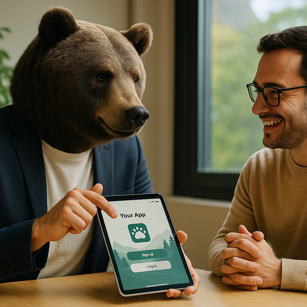 Kumako montre une application web à un client sur une tablette dans une ambiance conviviale.