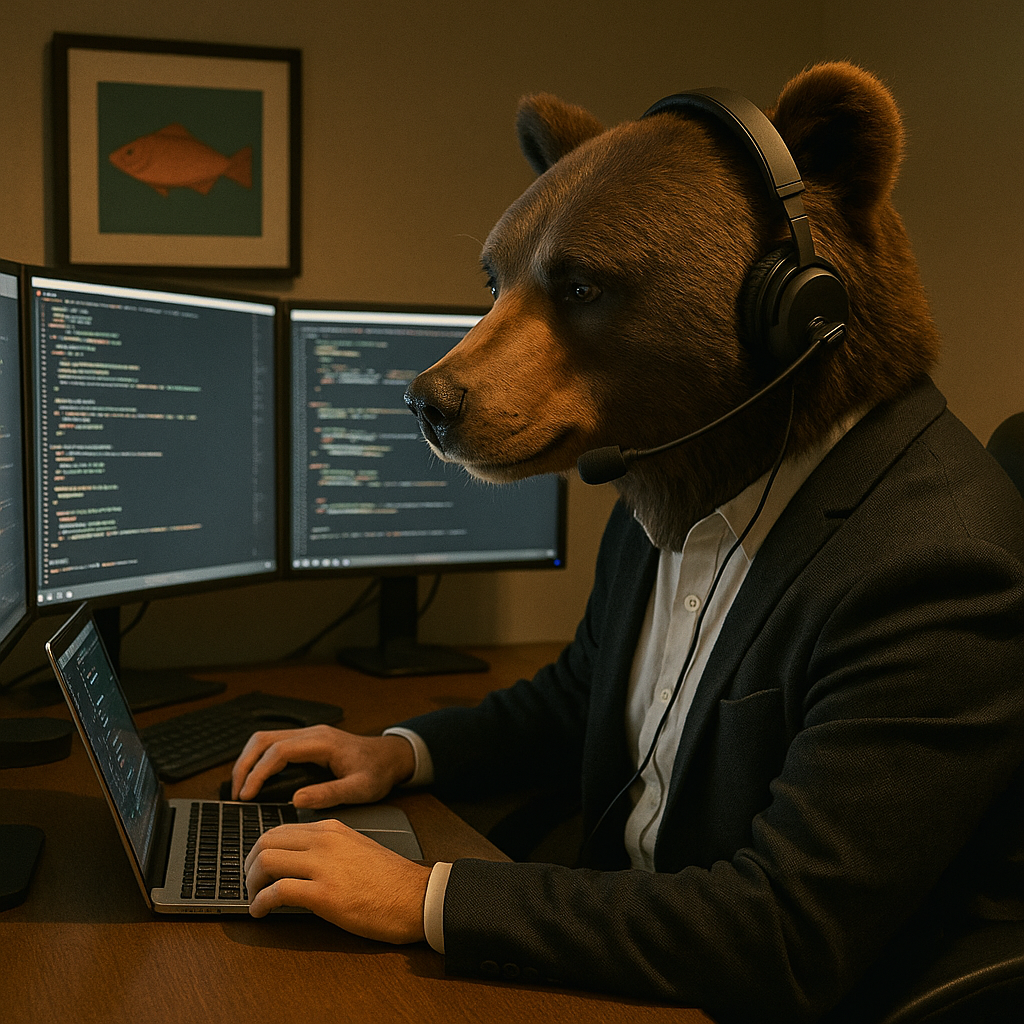 Kumako devant trois écrans de code dans une ambiance tamisée