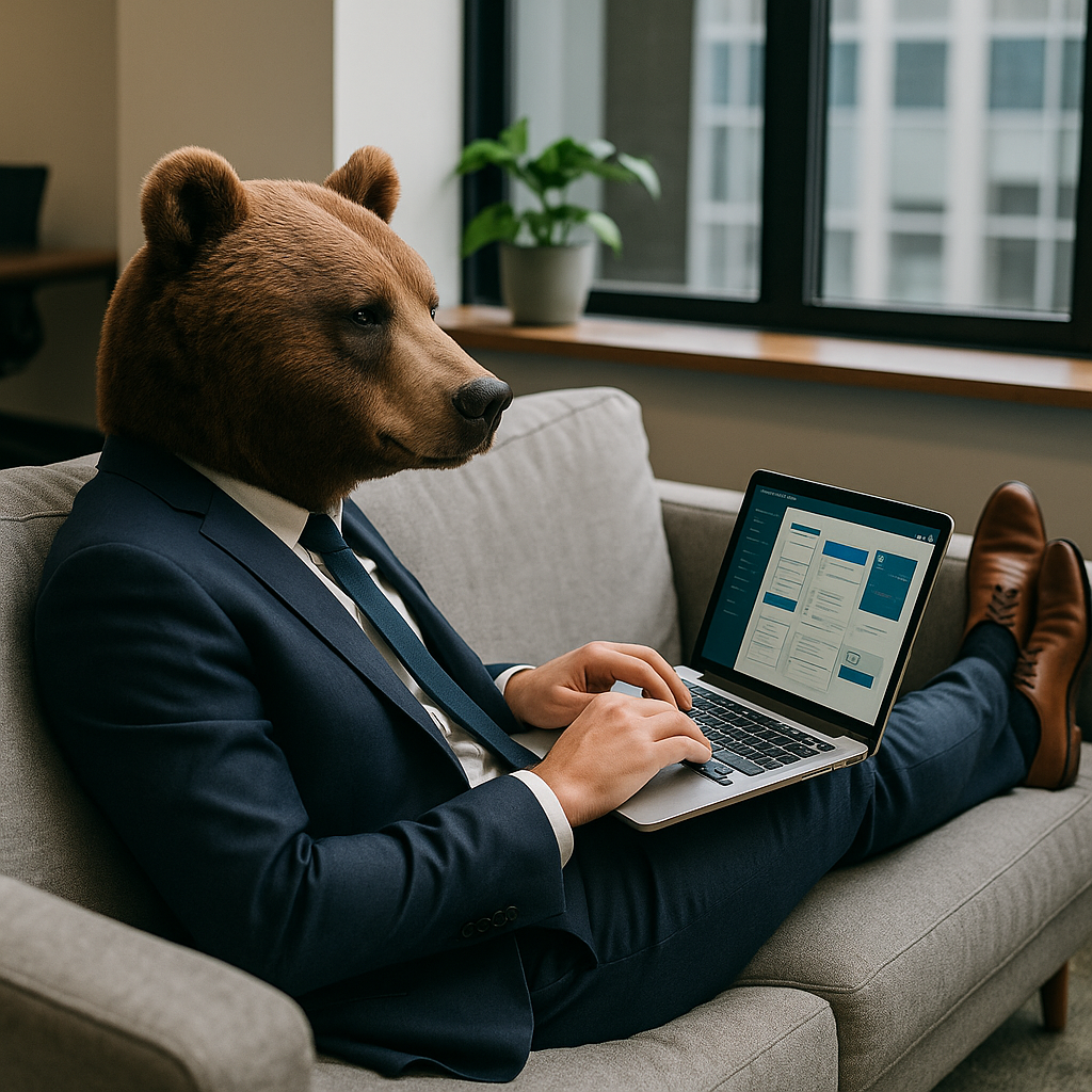 Mascotte Kumako allongé sur un canapé, développant une application sur ordinateur portable