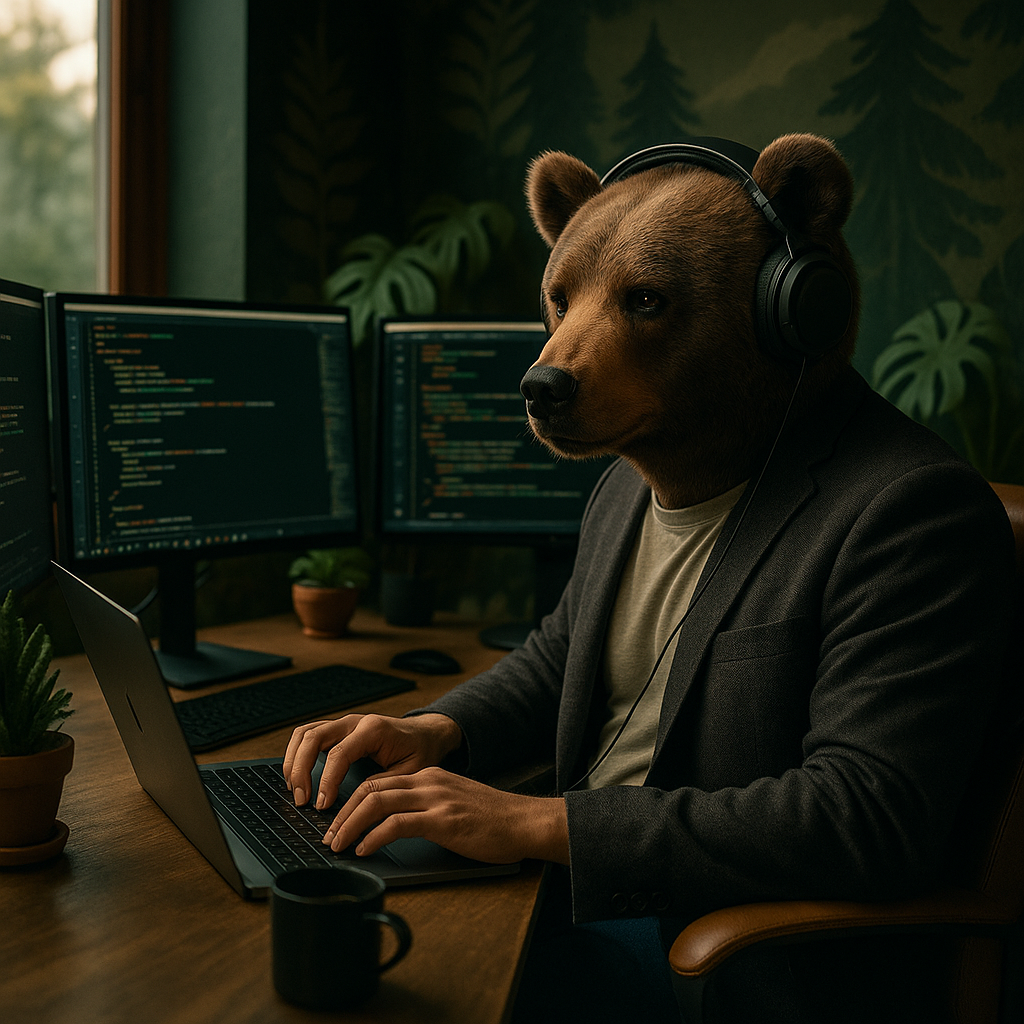 Kumako en train de coder sur trois écrans dans un bureau cosy.