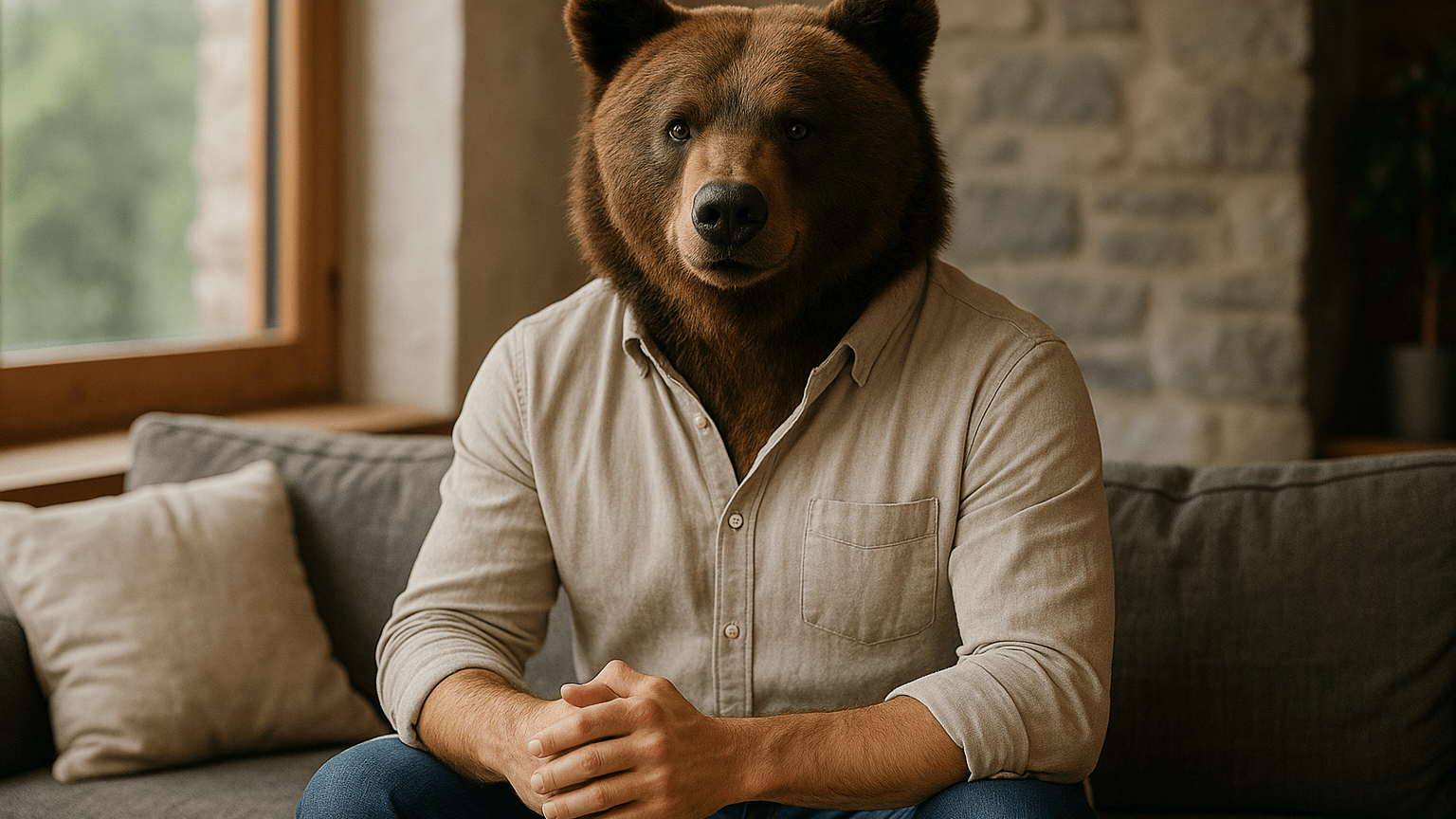 Kumako en tenue élégante et décontractée, assis paisiblement dans un fauteuil, ambiance de fin de lecture