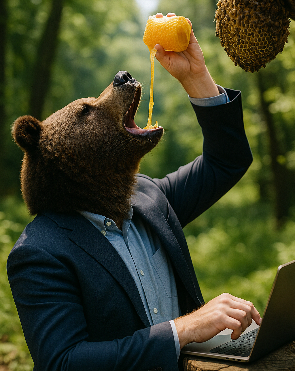 Kumako en train de faire couler du miel dans sa bouche depuis une ruche