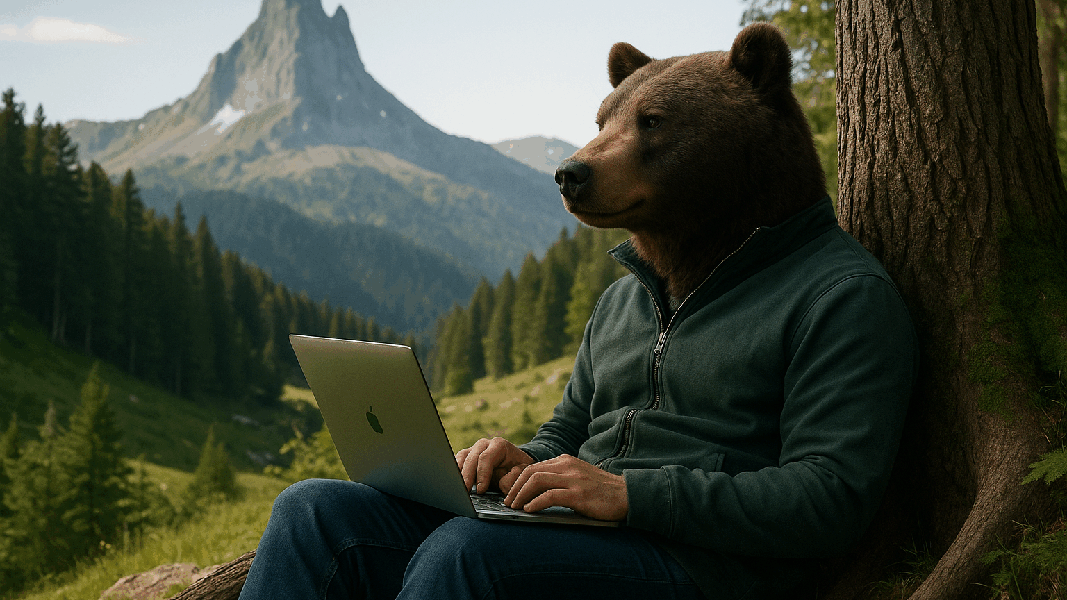 Kumako dans la nature travaillant sur un ordinateur avec vue sur le Pic du Midi d’Ossau