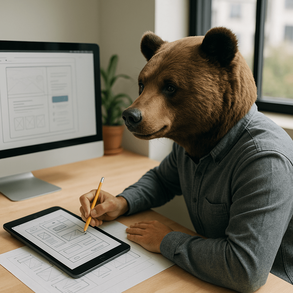 Kumako travaillant sur une maquette UX avec un crayon à la main.