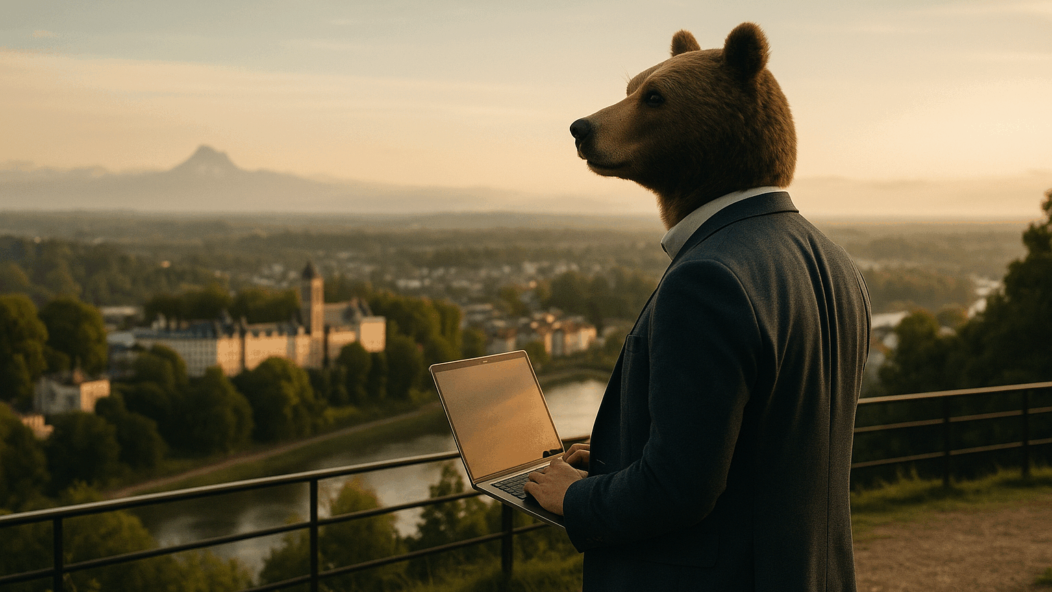 Kumako en haut d’une colline avec vue sur Pau, ordinateur à la main