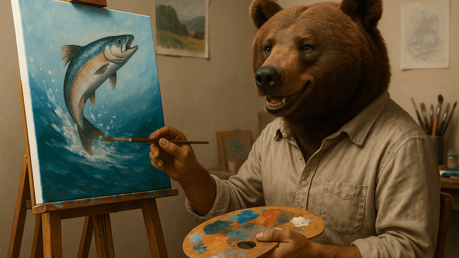 Kumako en train de peindre un saumon sautant hors de l’eau dans un atelier.