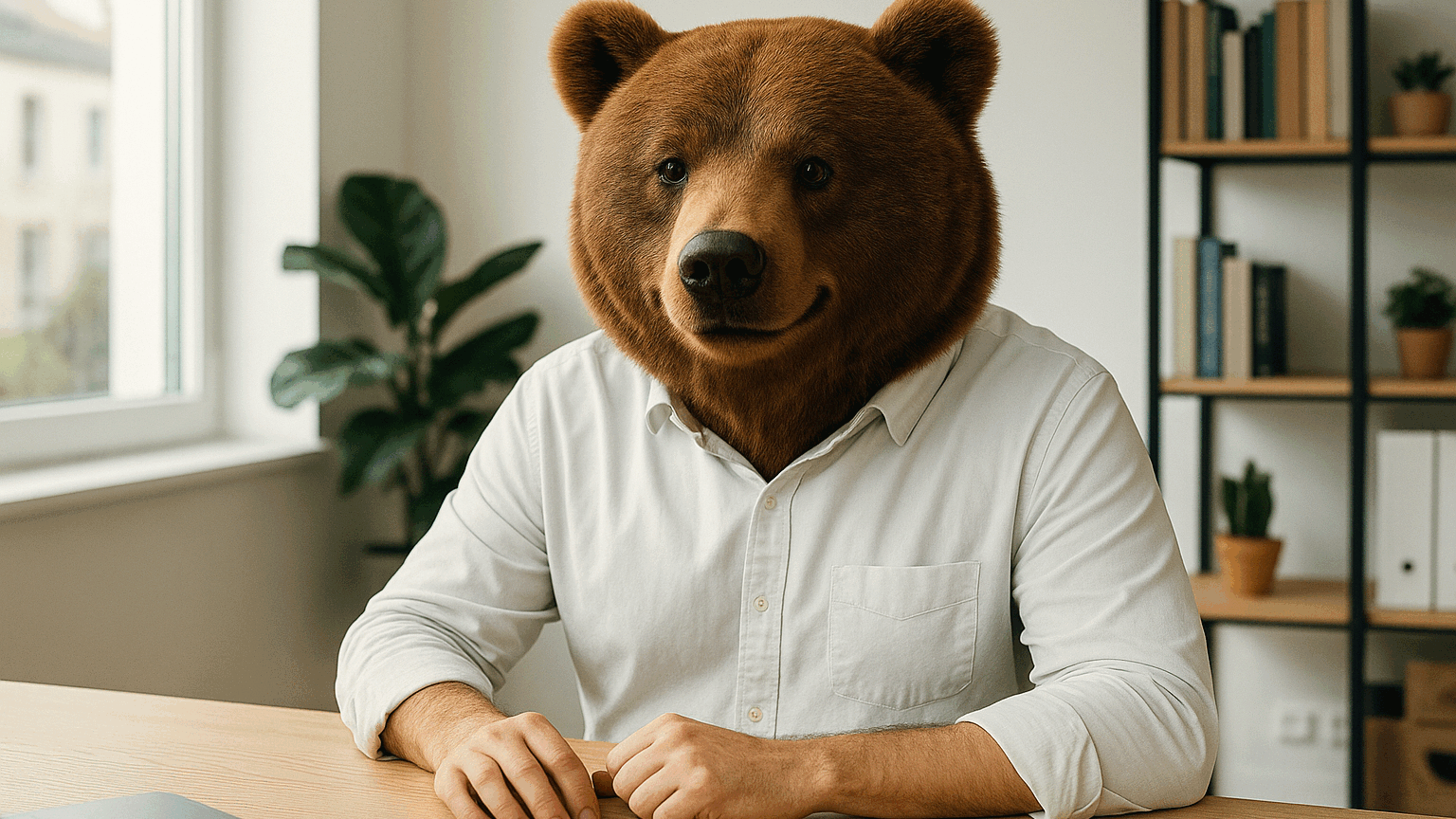 Kumako en chemise, assis face à vous avec un sourire confiant