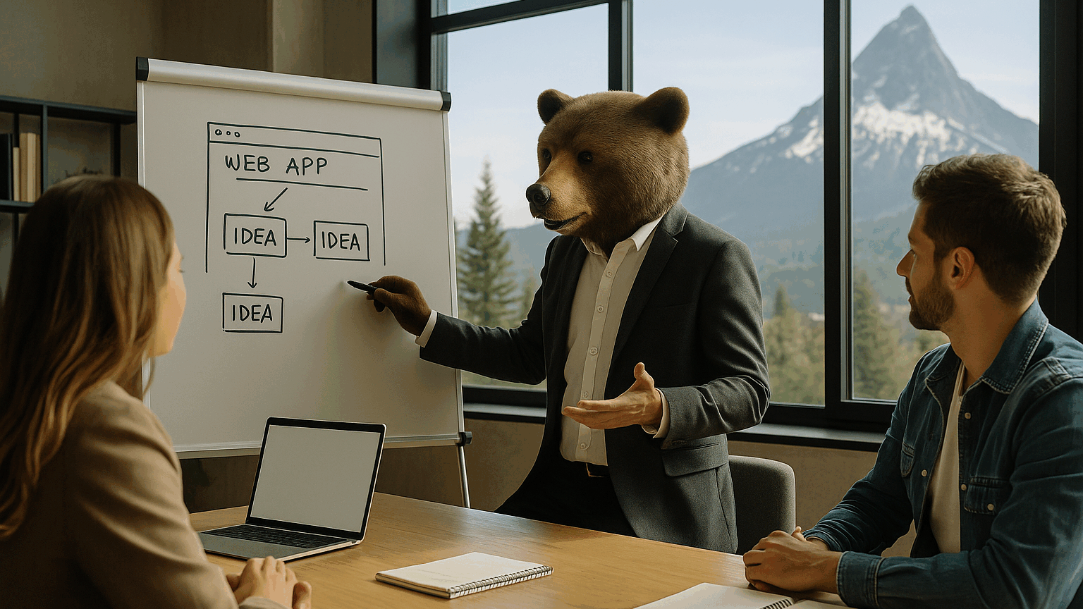Kumako présente une idée sur un tableau blanc lors d’une réunion dans une agence moderne avec vue sur les montagnes.