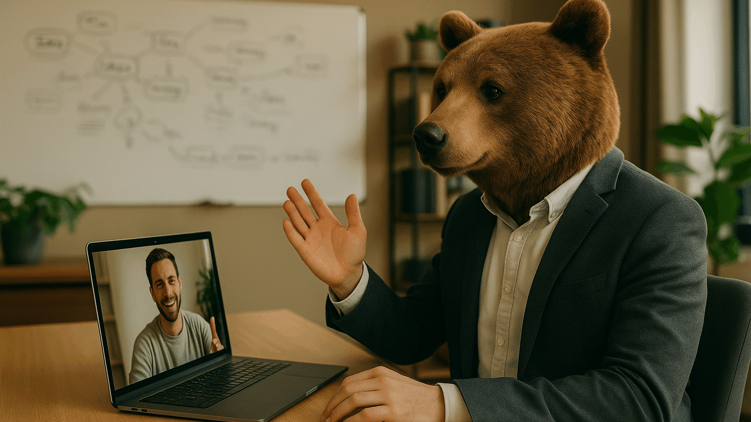 Kumako en visioconférence avec un client, tableau blanc rempli d’idées en arrière-plan