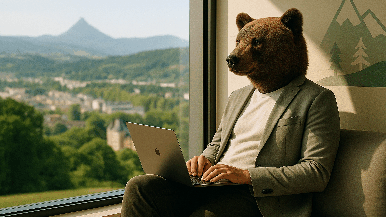 Kumako détendu avec son ordinateur, regardant la vue sur Pau.