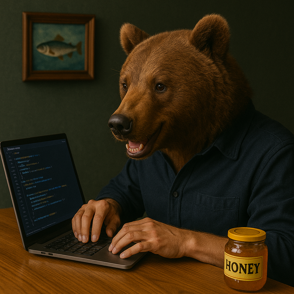 Kumako, mi-homme mi-ours, en train de coder sur un ordinateur portable avec un pot de miel et un tableau de saumon en arrière-plan