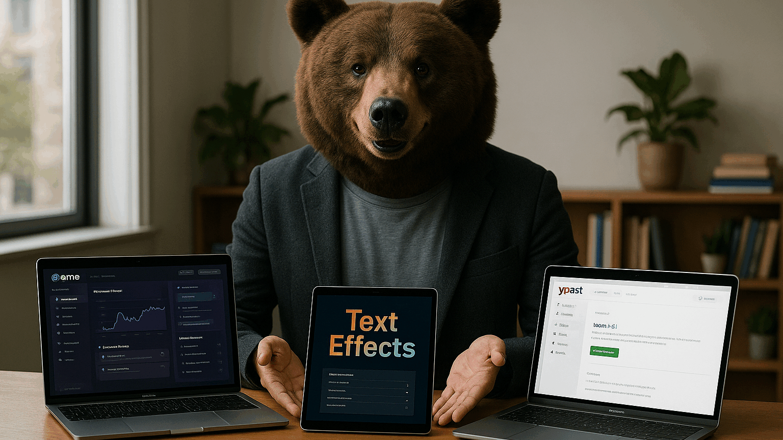 Kumako, personnage mi-homme mi-ours, présente fièrement ses créations numériques sur ordinateurs et tablette