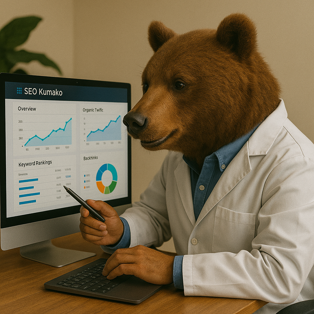 Kumako en scientifique analyse un tableau SEO avec des graphiques et statistiques