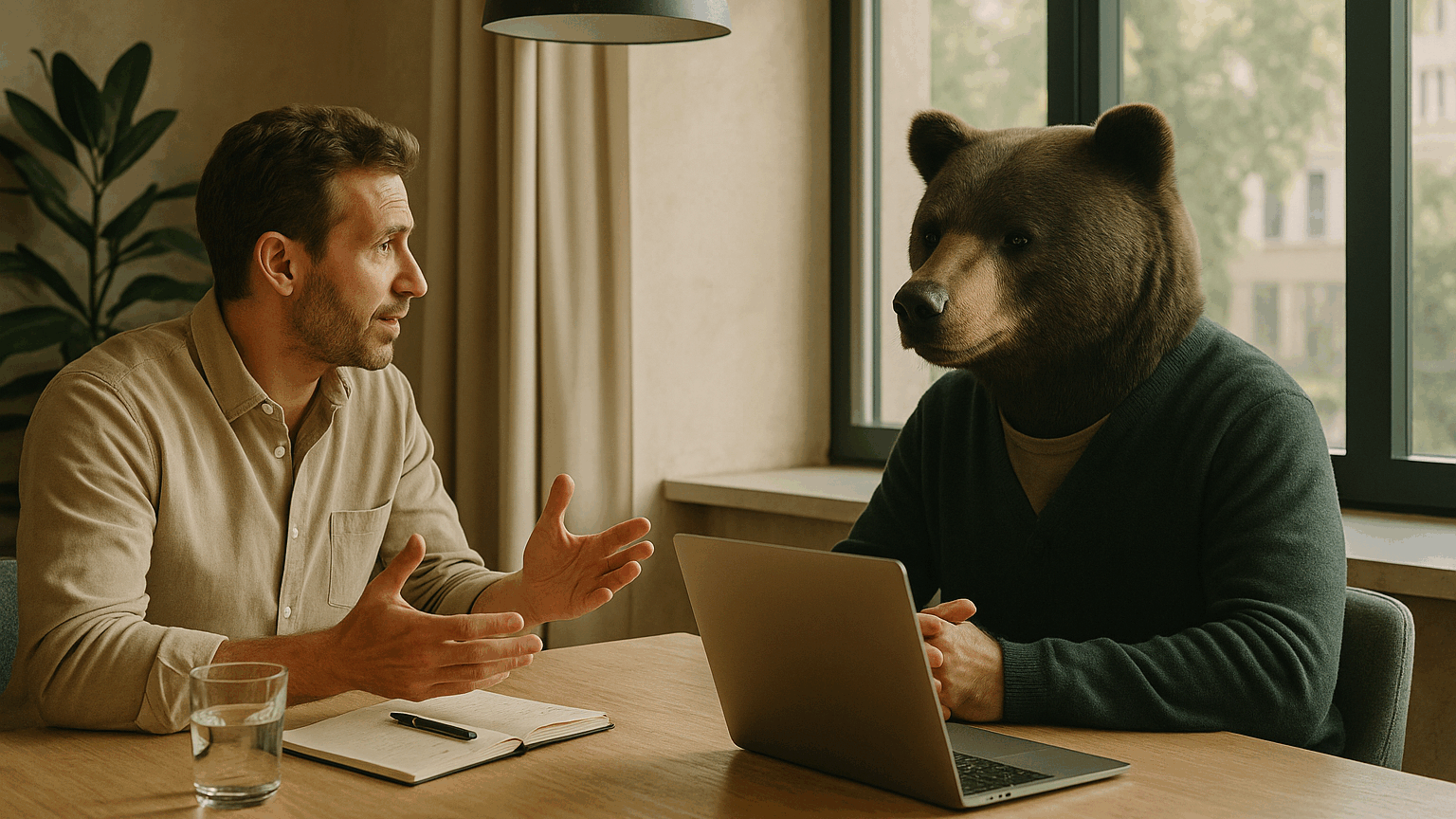 Kumako, l’ours développeur d'application web rencontre un client qui lui explique son projet d'application web.
